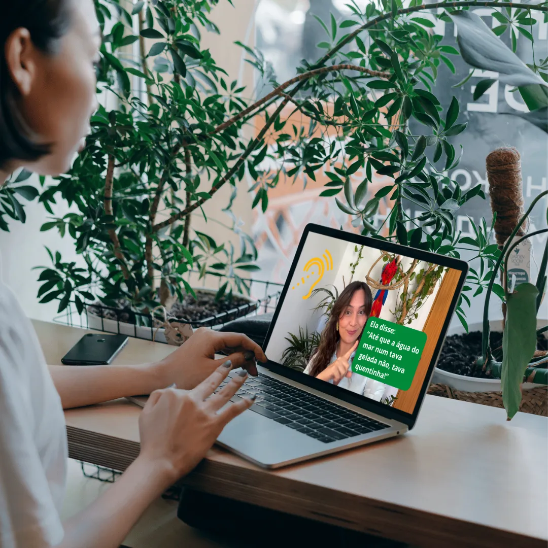 A student practising her listening skills with a Portuguese exercise.