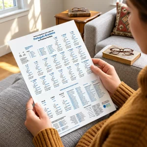 Portuguese Past Tense List: a learner holding a printed chart of irregular Brazilian Portuguese verbs in the preterite tense, seated on a cozy sofa in warm natural light.